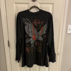 Free People Midnight Rider Long Sleeve Tee, Vintage Eagle & Rose Design, XL